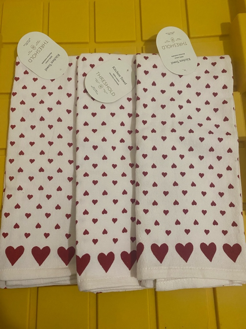 Threshold White Kitchen Towels with Red Heart Pattern - Set of 3
